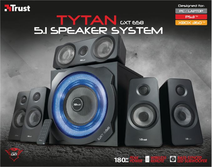 Kutia zanore Trust GXT 658 Tytan, sistem 5.1, 180W, me LED blu
