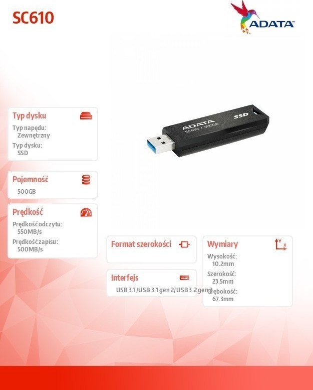 SSD i jashtëm ADATA SC610, 500GB, USB 3.2 Gen2, i zi e kuqe