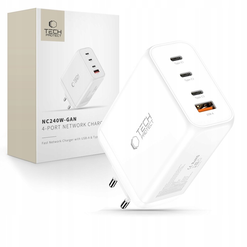 Karikues rrjeti Tech-Protect NC240W GaN, 4 porta, 240W PD QC 3.0, i bardhë