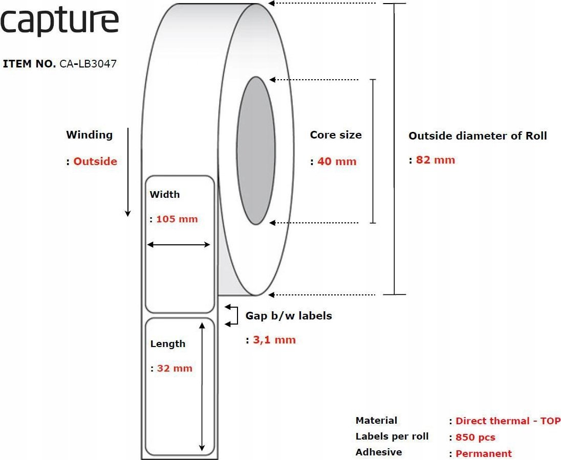 Rrotull etiketash termike Capture CA-LB3047, vetëngjitëse, e bardhë