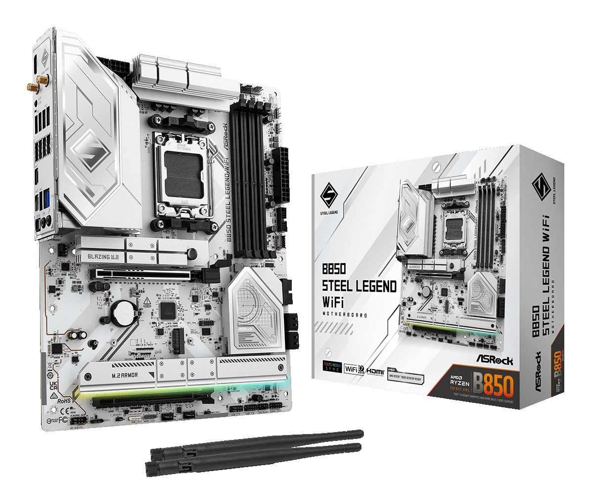 Pllakë amë Asrock B850 Steel Legend WiFi, ATX, AMD AM5, e bardhë