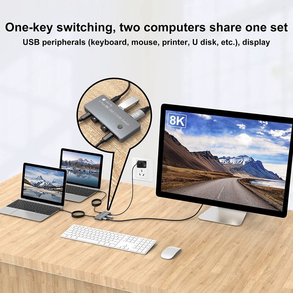 USB C KVM прекинувач Techly, DisplayPort 1.4 8K, 2x USB C, 3x USB 2.0, црн