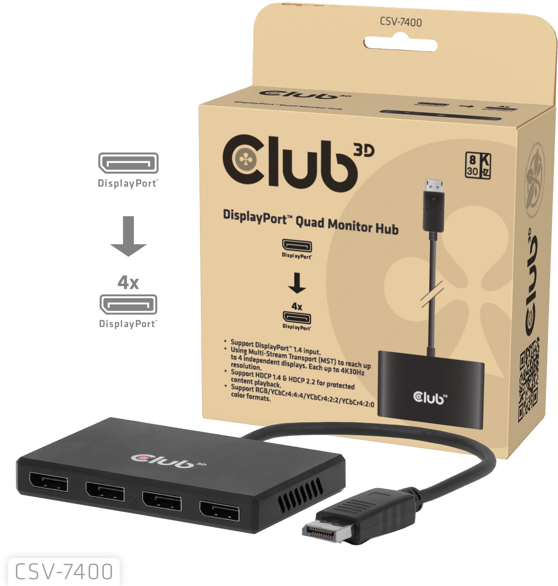 HUB Club 3D CSV-7400, DisplayPort në 4x DisplayPort MST, 4K 30Hz, i zi