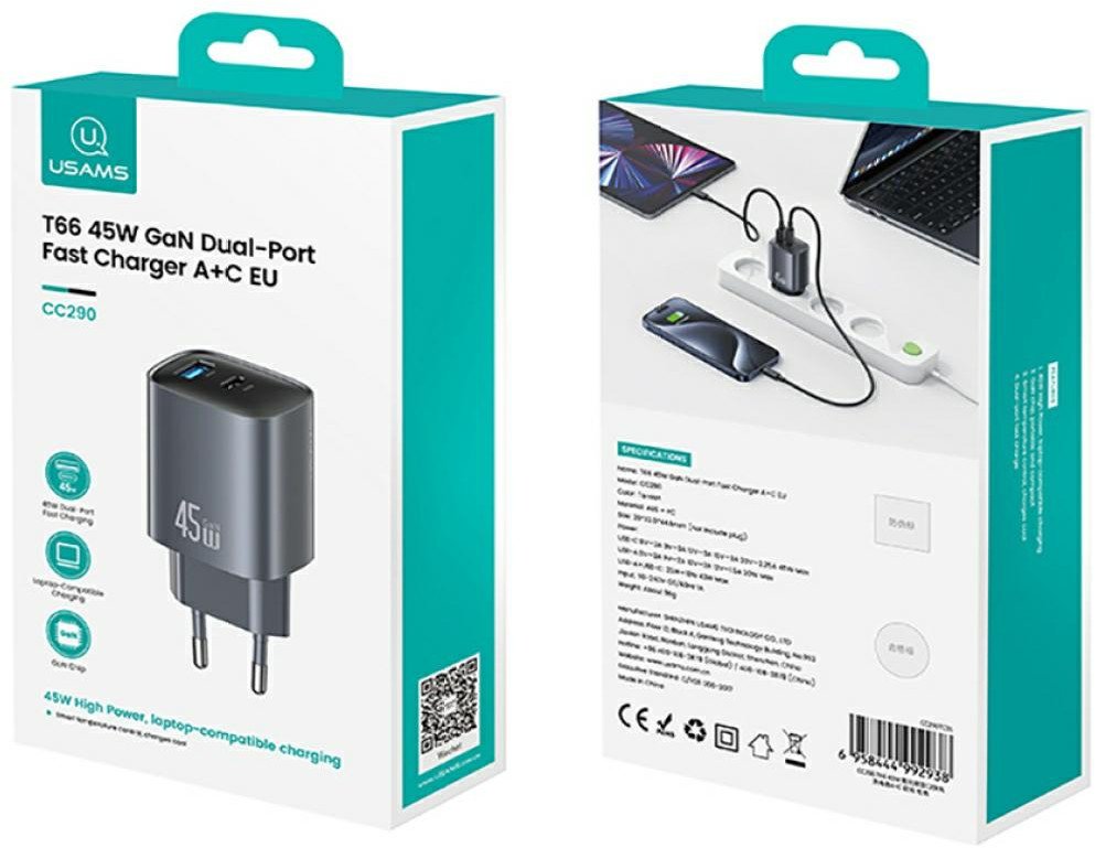 Karikues muri Usams CC290 T66, 45W GaN, 1xUSB A 1xUSB C, tarnish