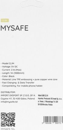 Kабел USB Mysafe USB-A во microUSB, 1 m, 2.1A, црна