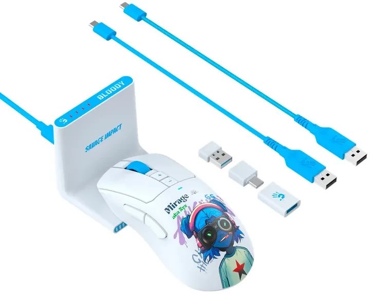 Maus gaming Bloody R73 Ultra Duo Nyx Mirage, wireless dual mode, 20000 DPI, i bardhë