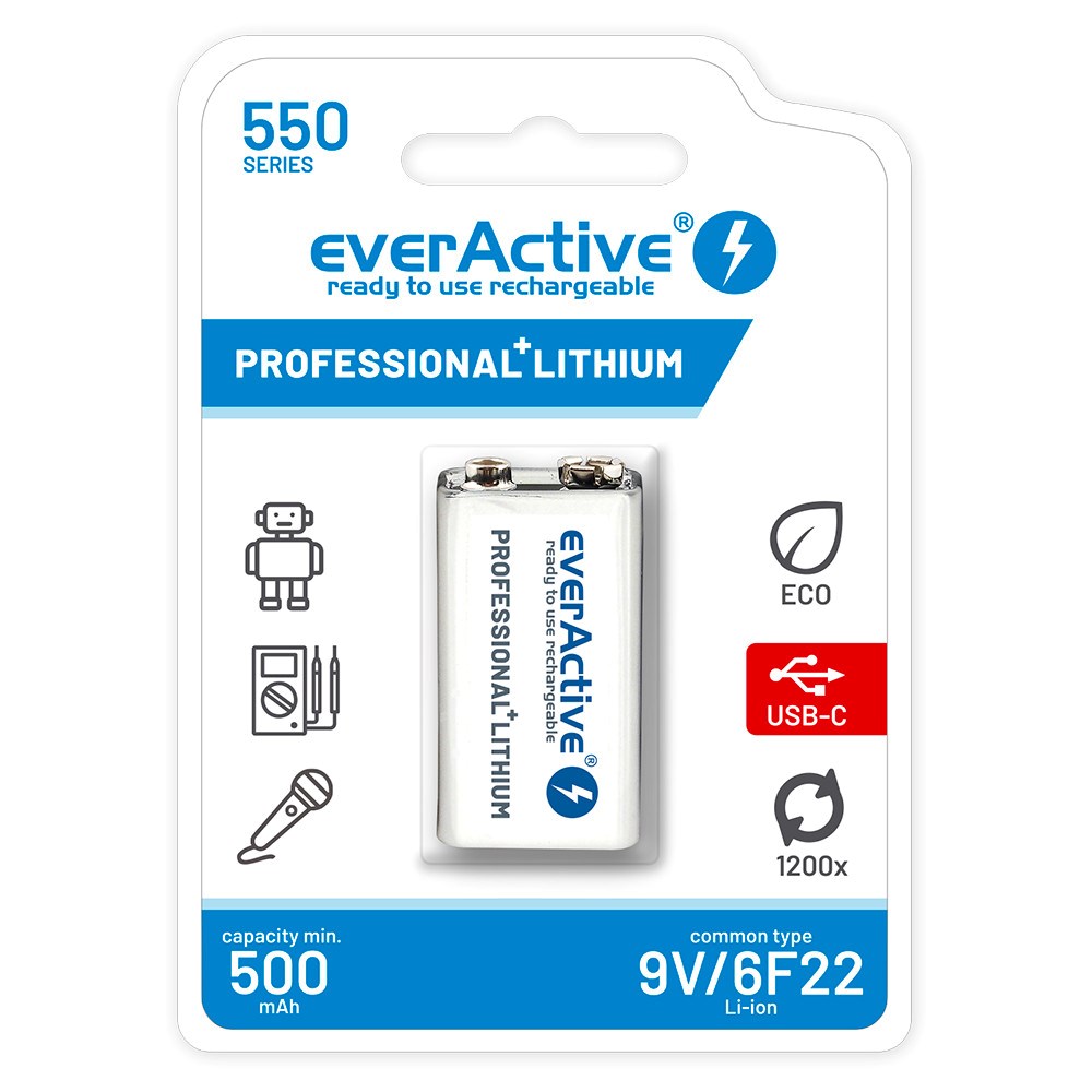 Bateri rikarikuese EverActive 550 Series, 9V 6F22 Li ion, 500mAh, e bardhë
