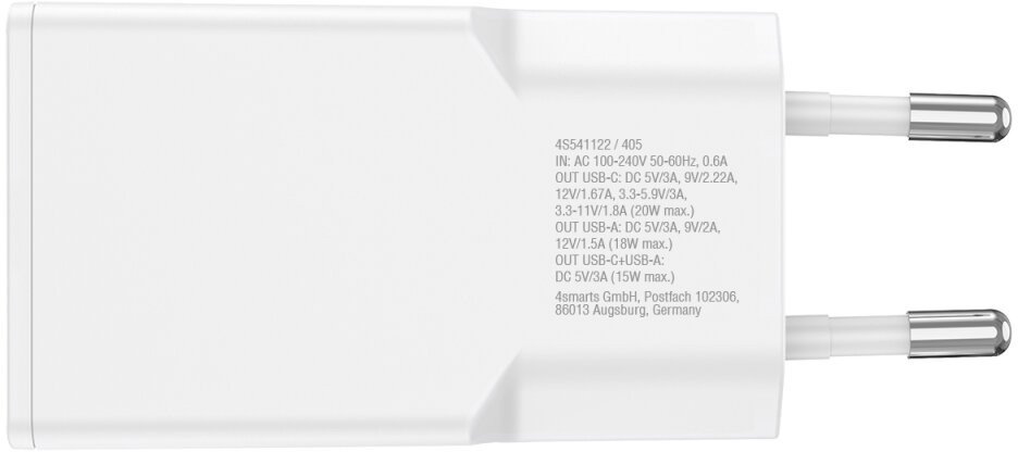 Karikues murale 4smarts PDPlug Slim Duos GaN, 20W, 1x USB C 1x USB A, i bardhë