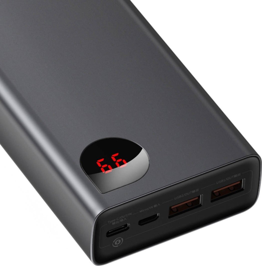 Powerbank me ekran dixhital Baseus Adaman Metal QC + PD, 20000mAh, 65W, i zi + kabllo USB-A/USB-C, 30cm, e zezë