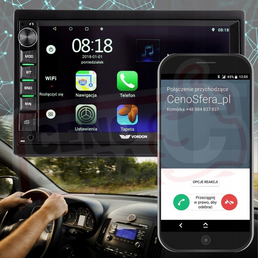 Radio veture Vordon HT-800, 7", Android 10, me GPS, e zezë