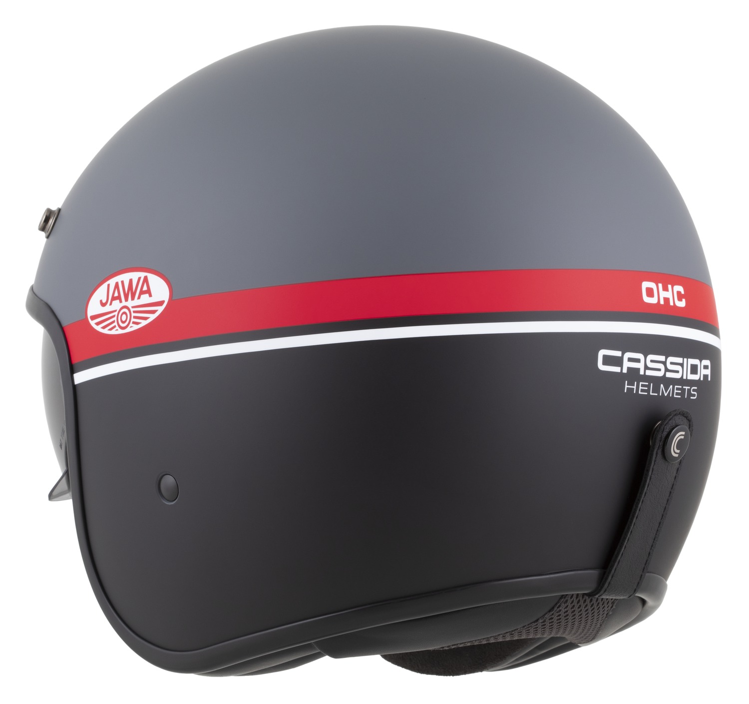Helmetë moto CASSIDA Oxygen 2.0 Jawa OHC, e hapur, me diell të brendshëm, gri mat e kuqe e zezë e bardhë