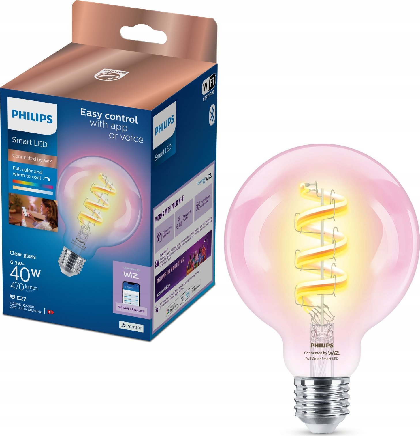 Llambë inteligjente Philips WiZ Filament Clear G95, E27, 6.3W RGB, shumëngjyrëshe