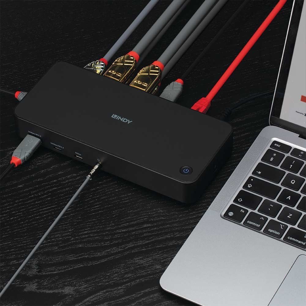 Докинг станица USB C Lindy DST Pro 43366, USB 3.2 Gen 2, компактен станица за поврзување, црна