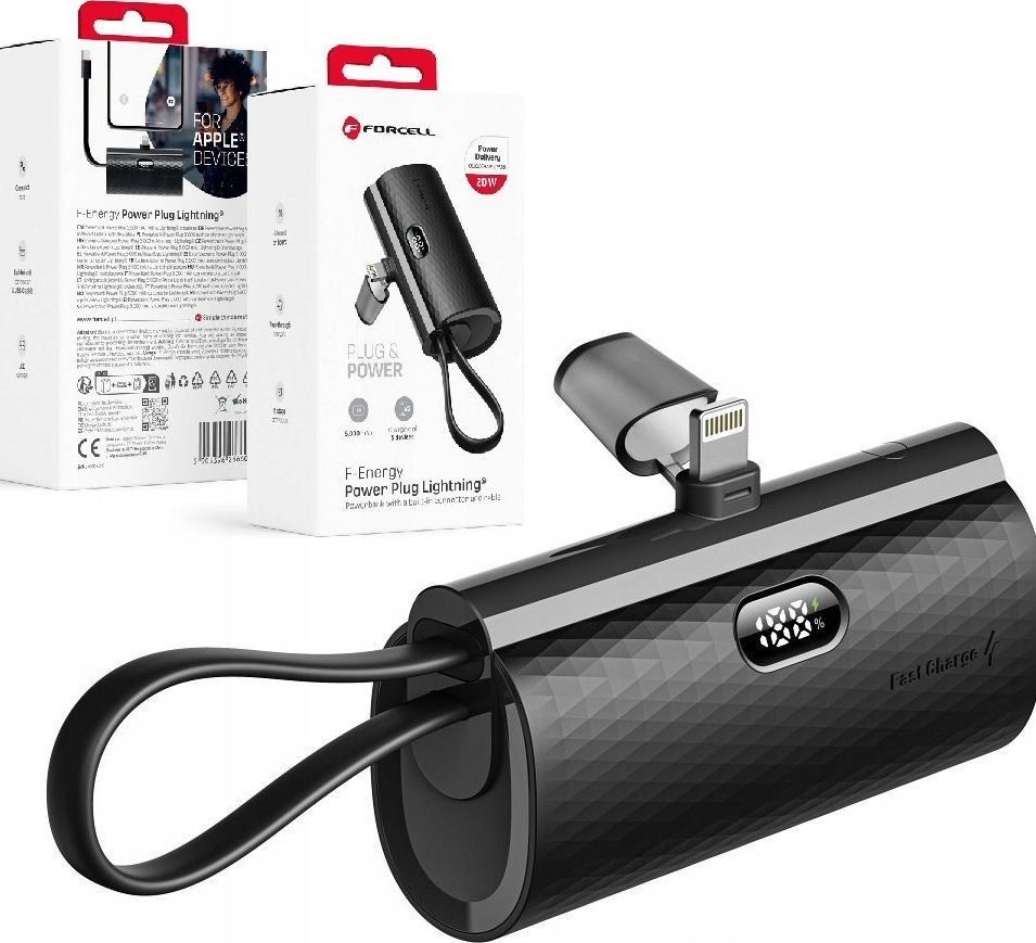 Power bank Forcell F-energy Power Plug F5K3, 5000mAh, Lightning i integruar, i zi
