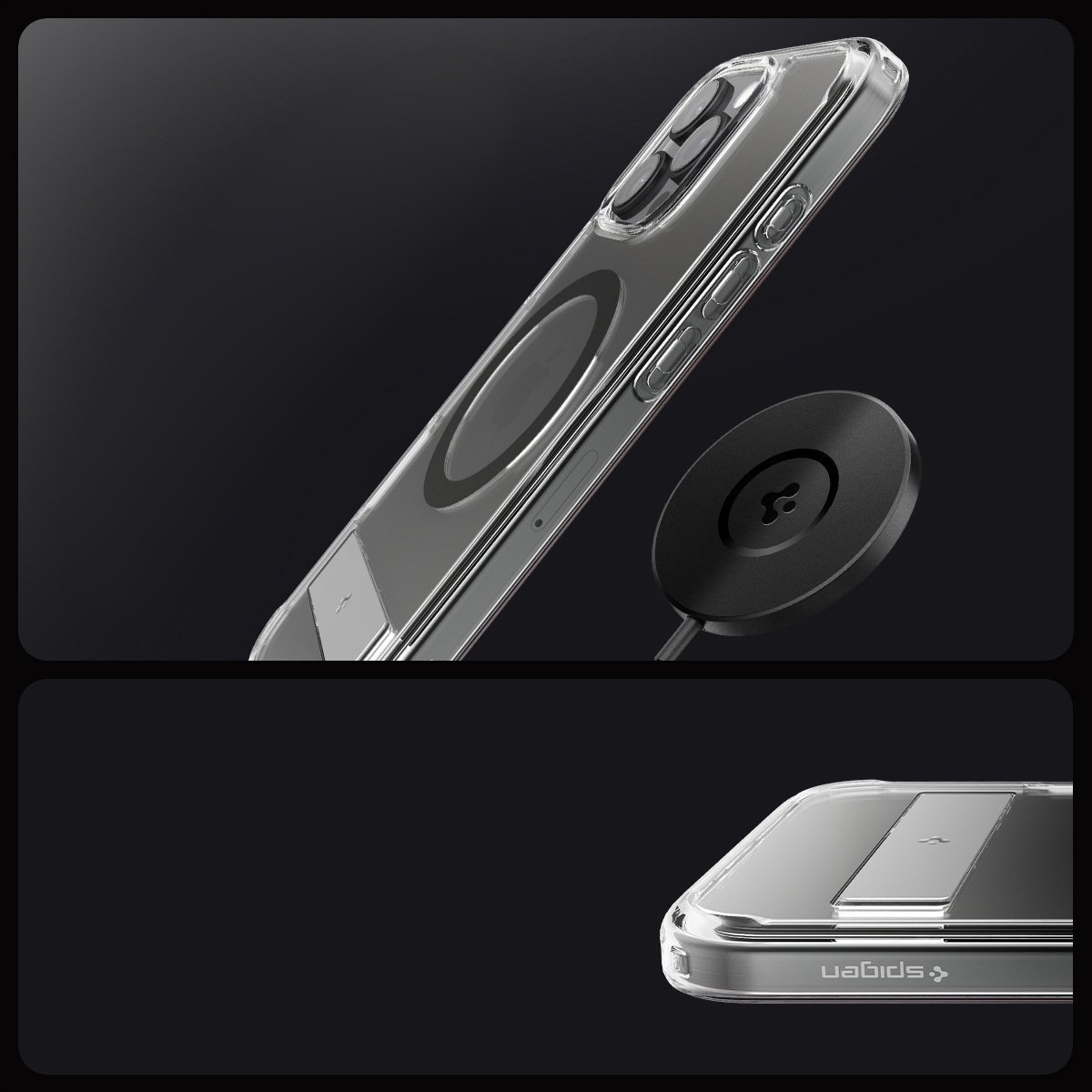 Mbulesë telefoni Spigen Ultra Hybrid S MagSafe, për iPhone 16 Pro, me mbajtëse, grafit