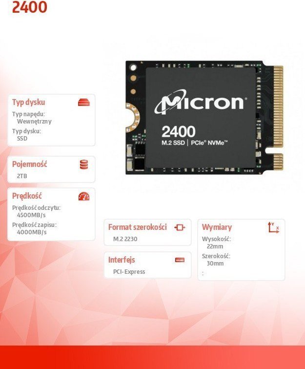 Disk SSD Micron 2400, 2TB, M.2 2230 PCI-E x4 Gen4 NVMe