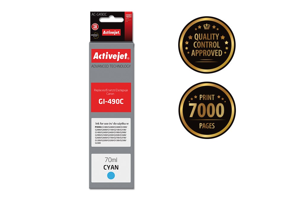 Ngjyrë për printer Activejet AC-G490C (zëvendësim për Canon GI-490C), 70 ml, e kaltër
