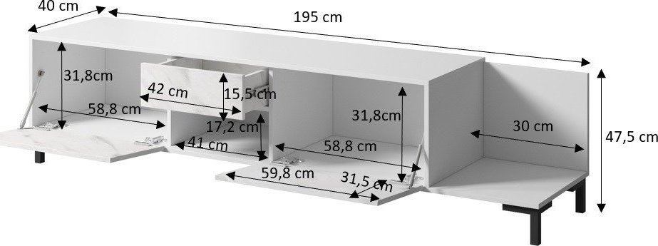 Kredencë TV Cama Meble Marmo 2D1S1K, 195x40x47.5 cm, PAL, e bardhë mat me mermer të bardhë