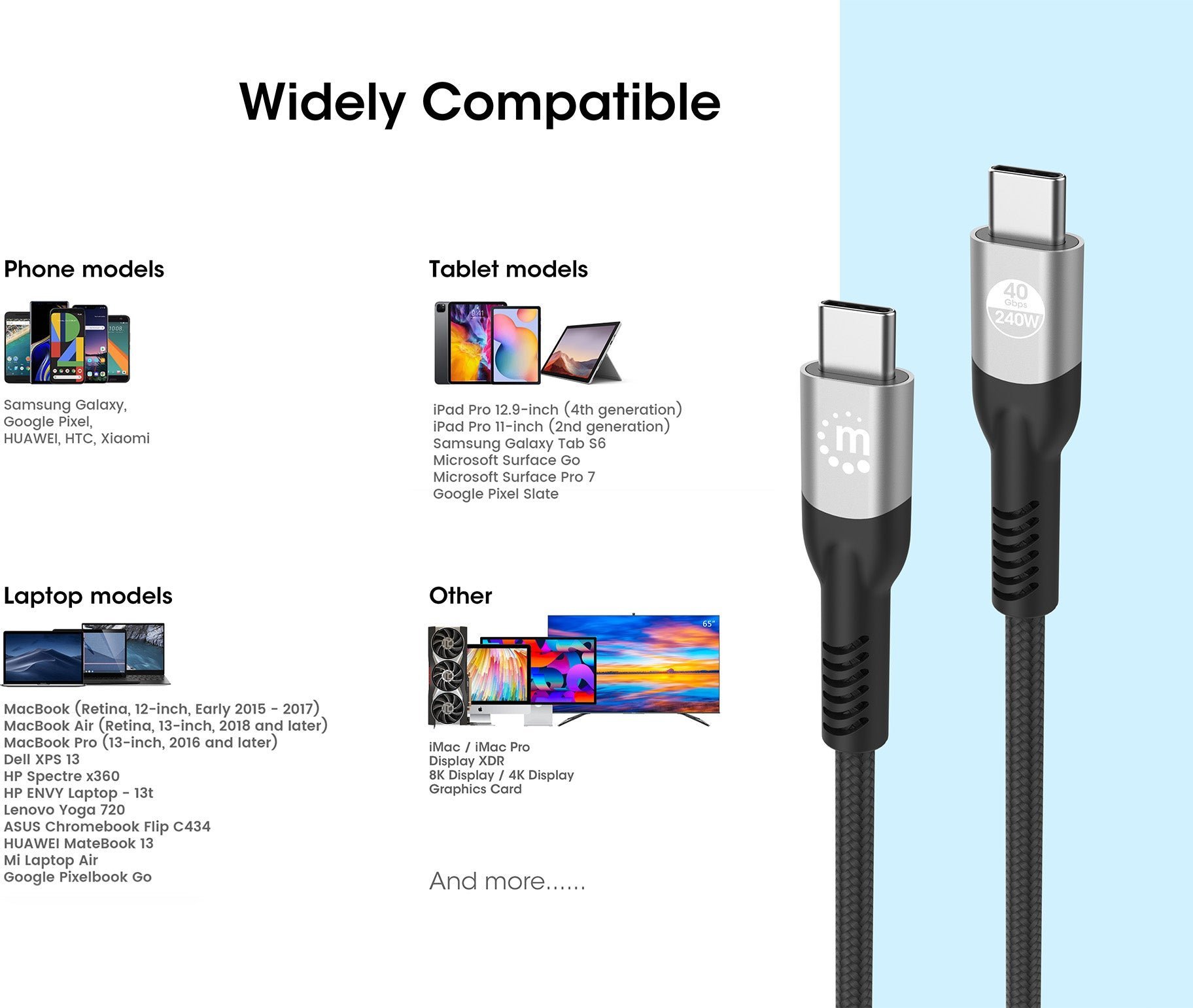 Kabllo USB C Manhattan 240W USB4, 2m, 40 Gbps 8K, i zi