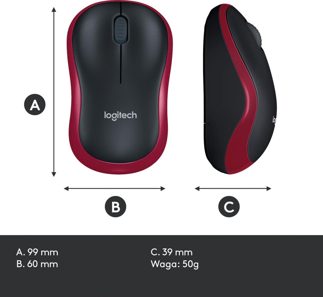 Maus Logitech M185, wireless, USB, i zi dhe i kuq