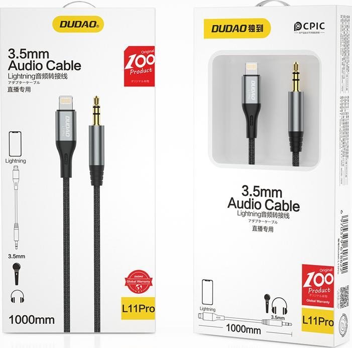 Kabllo audio Dudao L11PRO, Lightning - Mini Jack 3.5mm, 1m, gri
