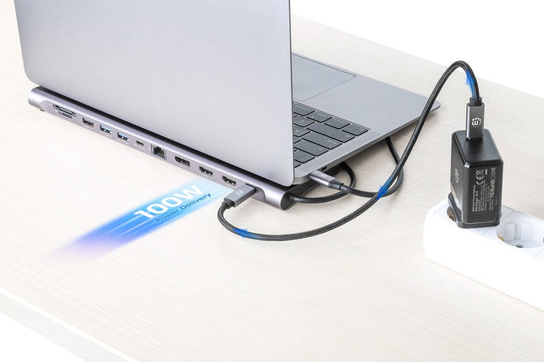 USB-C док Манхатон 12‑во‑1, 3x 4K, Power Delivery 100W, сив