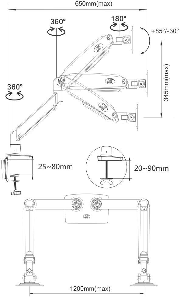 Двоен држач за монитор G75, 22"-32", механизам gas spring, црн