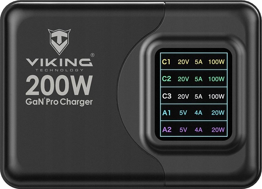 Karikues USB GaN Viking PD PRO, 200W, 3x USB C, 2x USB A, i zi