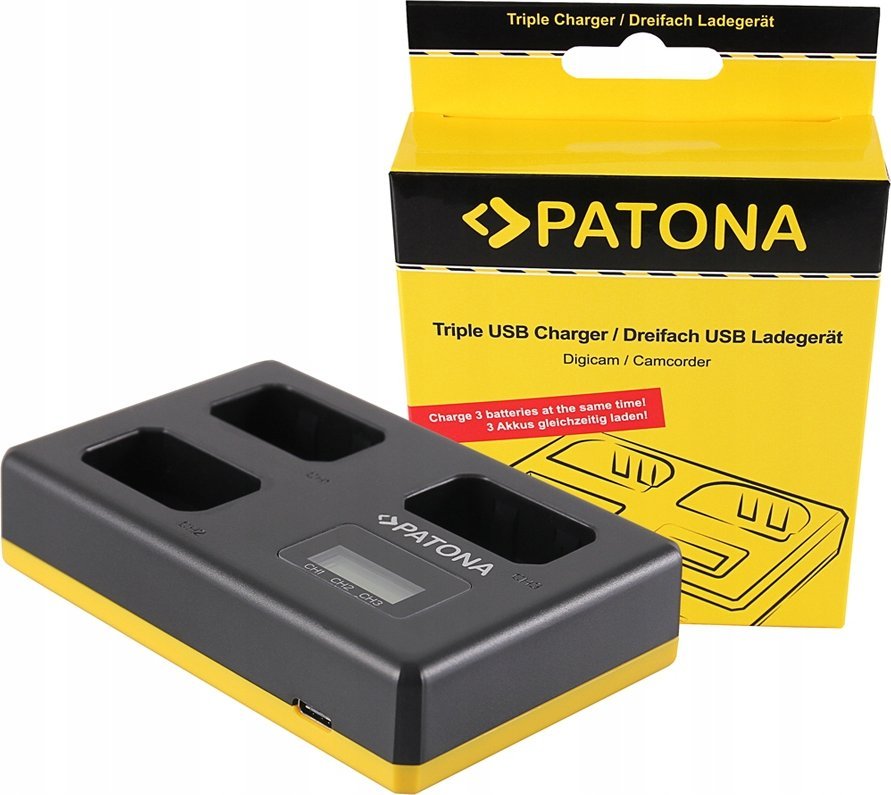 Karikues baterish PATONA Triple Pro Canon LP-E6, 3 slote, ekran LCD