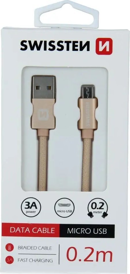 Kabllo USB Swissten Textile, USB në Micro USB, 0.2m, 3A, e zezë