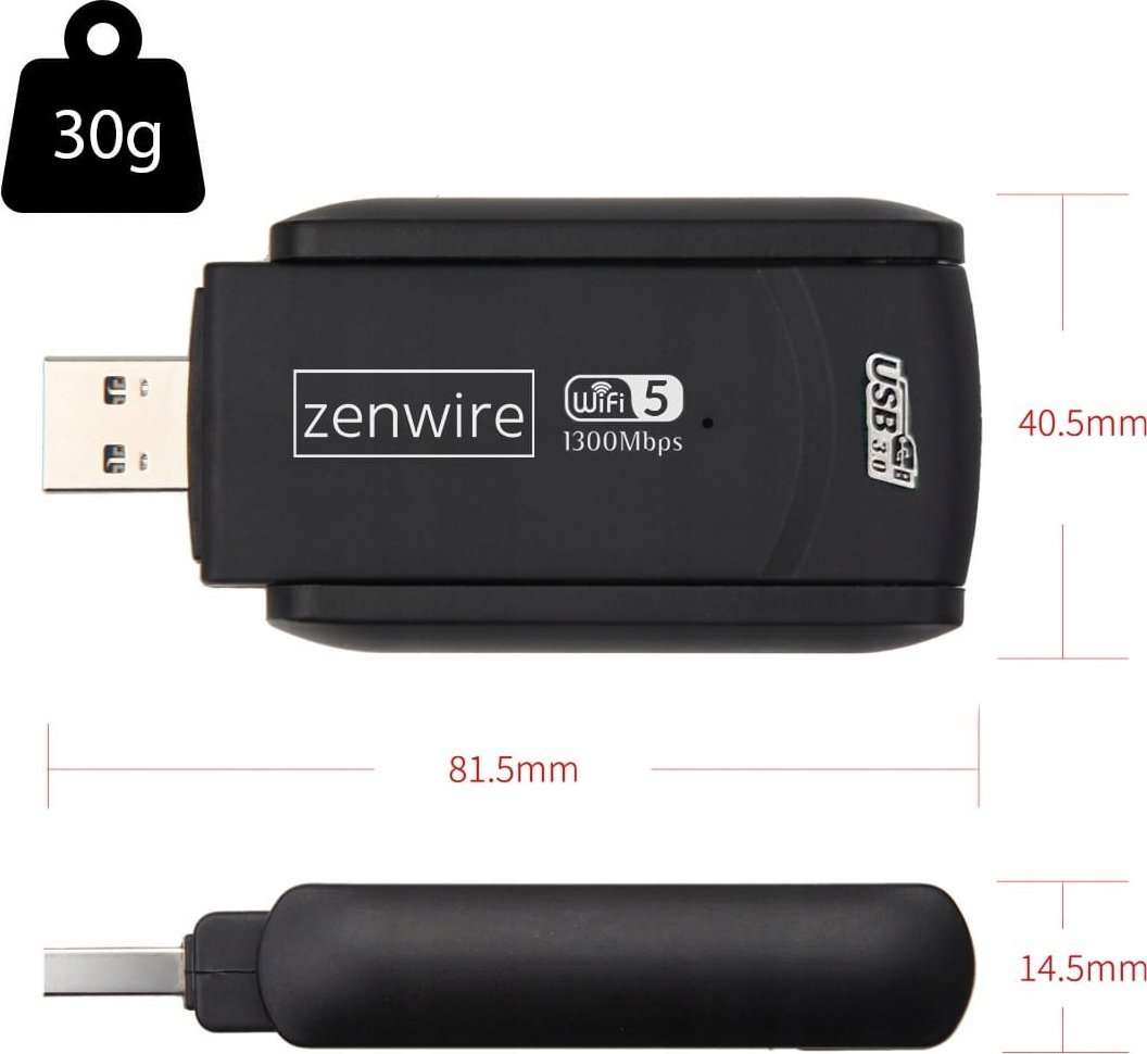 Adapter WiFi Zenwire WD-4605AC, USB 3.0, 1300 Mbps, me antena të jashtme