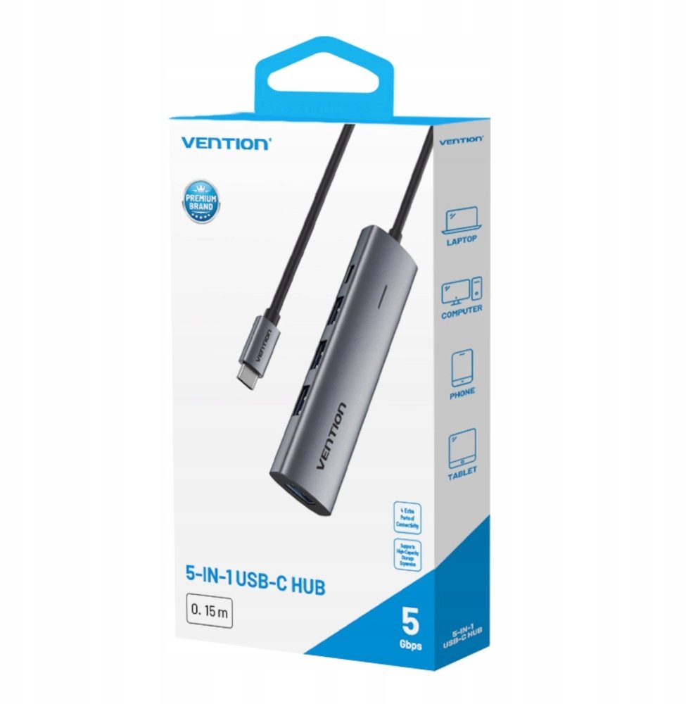 Hub USB Vention 5 in 1, USB C 3.0, 0.15m, gri
