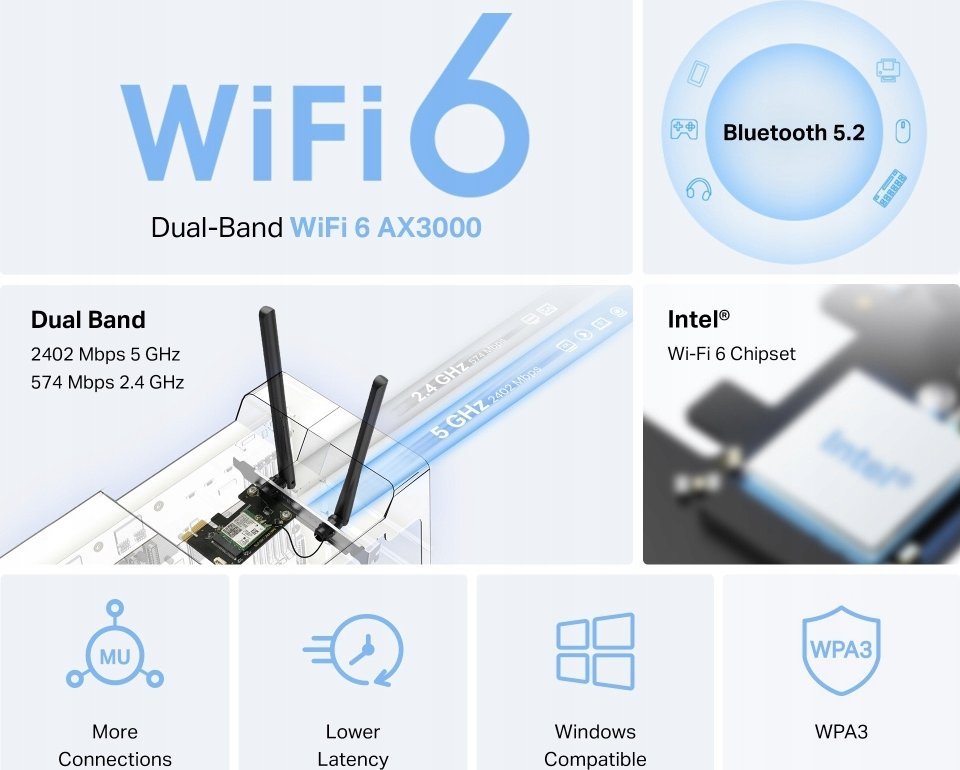 Adapter Wi‑Fi Mercusys MA80XE, AX3000, PCIe, Bluetooth 5.2
