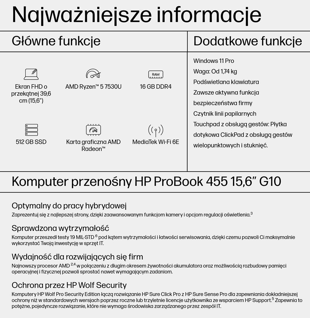 Laptop HP ProBook 455 G10, Ryzen 5 7530U, 15.6" FHD, 16GB RAM, 512GB SSD, gri