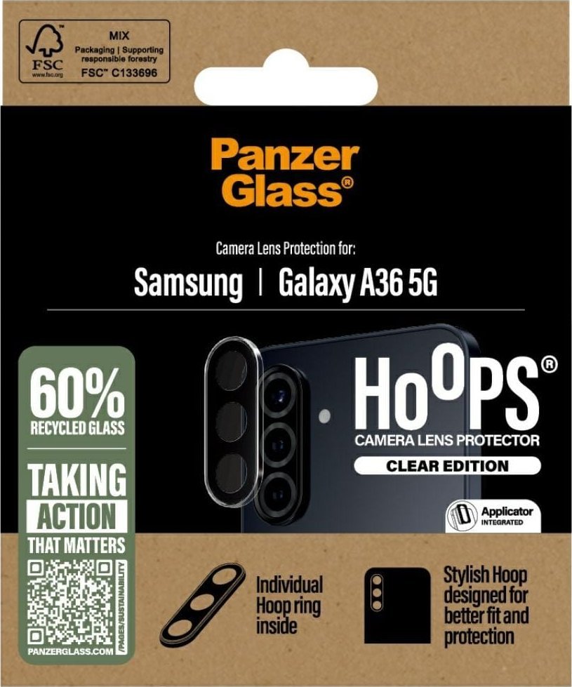 Mbrojtës kamerë PanzerGlass Hoops, për Samsung Galaxy A36 5G, xham i temperuar, transparent