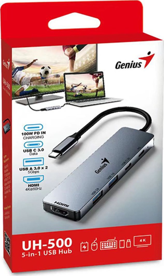 Hub USB Type-C Genius UH-500, HDMI 4K 60Hz, 100W PD, argjendtë