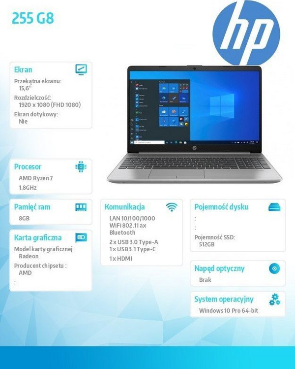 Laptop HP 255 G8 (3V5E9EA), 15.6", Full HD, AMD Ryzen 7 5700U, 8GB RAM, 512GB SSD, Windows 10 Pro, i hirtë