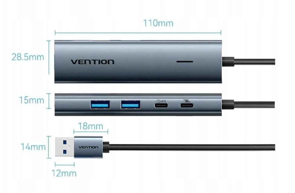 USB разделник Вентон TGXHB, 5 во 1, USB-A во USB-C и 3x USB 3.0, 0.15 m, сив