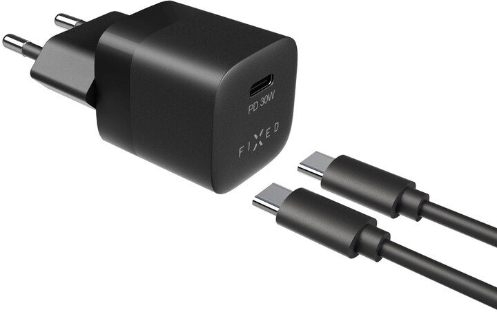 Karikues FIXED Mini me USB-C, PD, 30W, i zi + kabllo USB-C - USB-C, 1m, e zezë