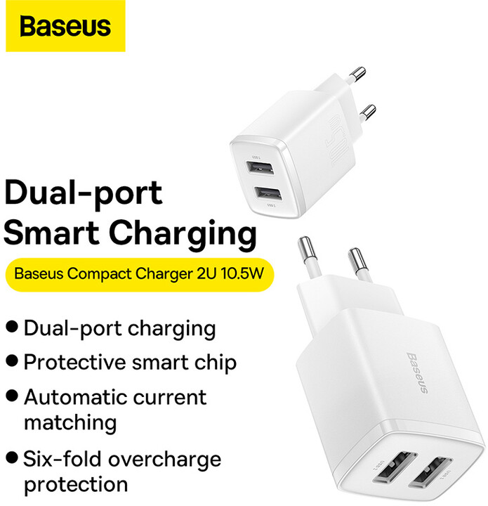 Karikues Baseus, 2xUSB-A, 10.5W, i bardhë