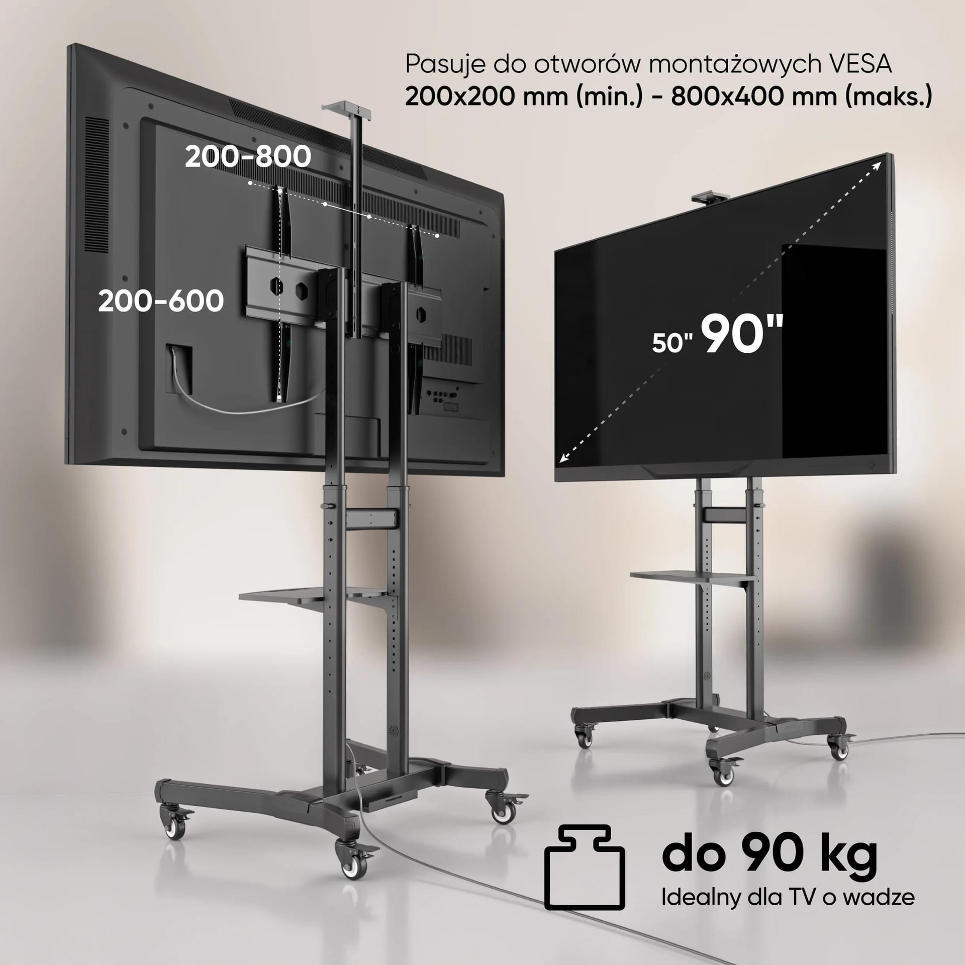 Stendë TV me rrota ONKRON TS1891-B, 50-90", VESA 800x600, deri 90 kg, e zezë