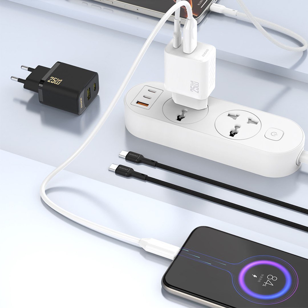 Karikues USB Dudao A26TEU GaN, 25W, 2 porta USB A dhe USB C, i bardhë