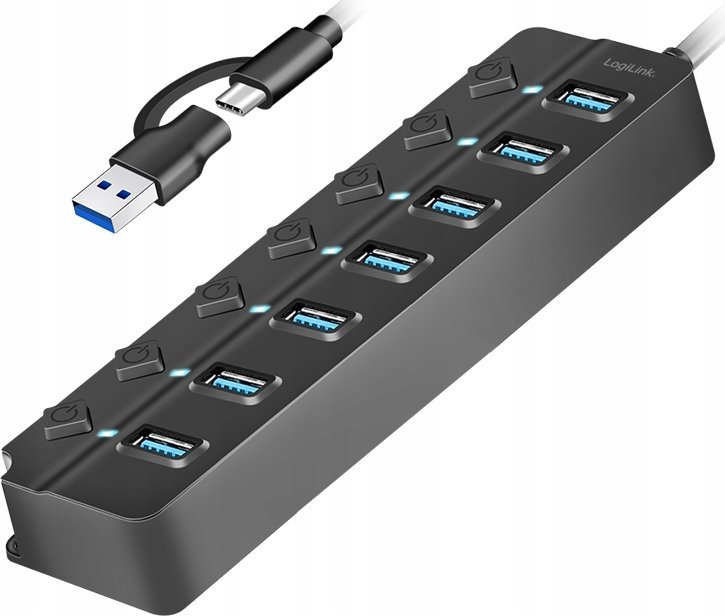 USB приклучен хаб LogiLink USB 3.2 Gen 1, 7 порти, со прекинувач за секоја порта, црн