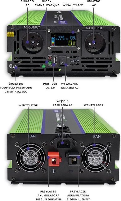 Inverter Qoltec Monolith, 2500W 5000W, 12V në 230V, valë sinusoide e pastër