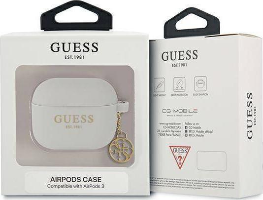 Mbulesë mbrojtëse për kufje Guess Silicone Charm 4G Collection për AirPods 3, silikon, gri