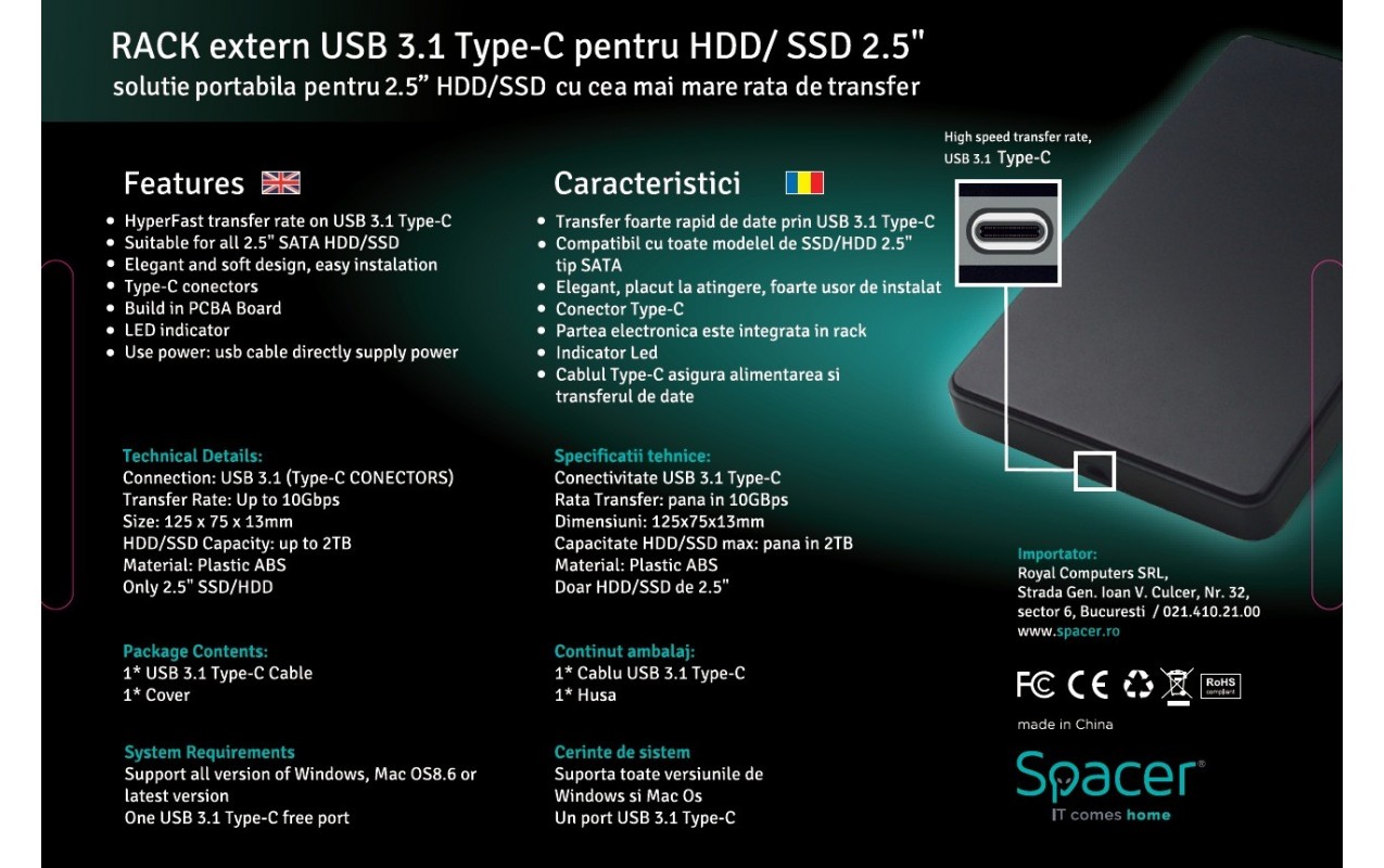 Kuti e jashtme për disk SPR TYPE C 01, 2.5", USB 3.1 Type C, e zezë