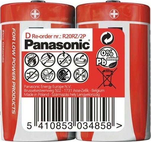 Bateri D Panasonic R20RZ, paketim 2 copë, alkaline