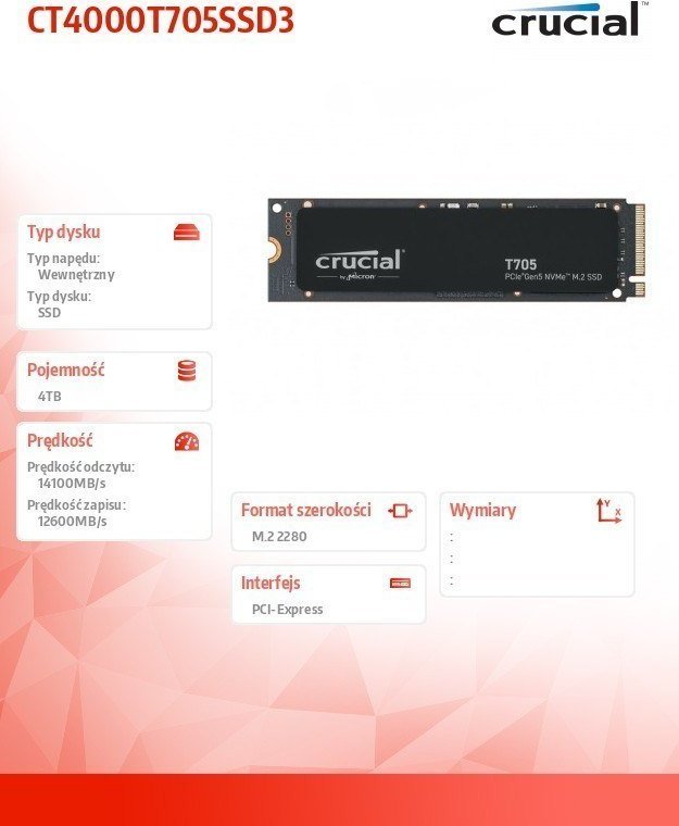 Disk SSD Crucial T705, 4TB, M.2 2280 PCI-E x4 Gen5