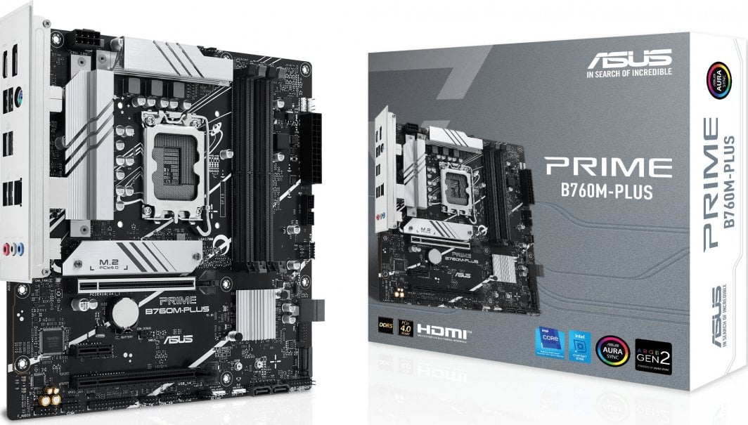 Матична плоча Asus PRIME B760M-PLUS, Intel B760 чипсет, Socket 1700, 4 слотови за RAM, Micro ATX форм-фактор.