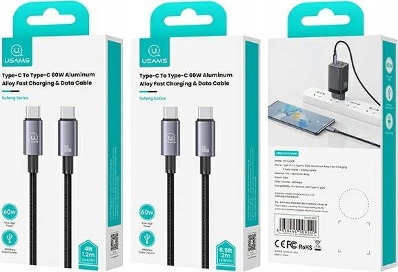 Kabllo USB Usams US-SJ661, USB C në USB C, 1.2m, 60W, USB 3.2 Gen 1, çelik